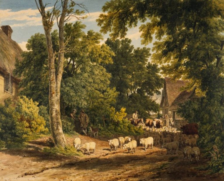 Village Life - herd of sheep on road painting
