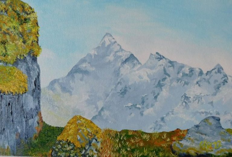Mountain Trails - a painting of a mountain range with trees